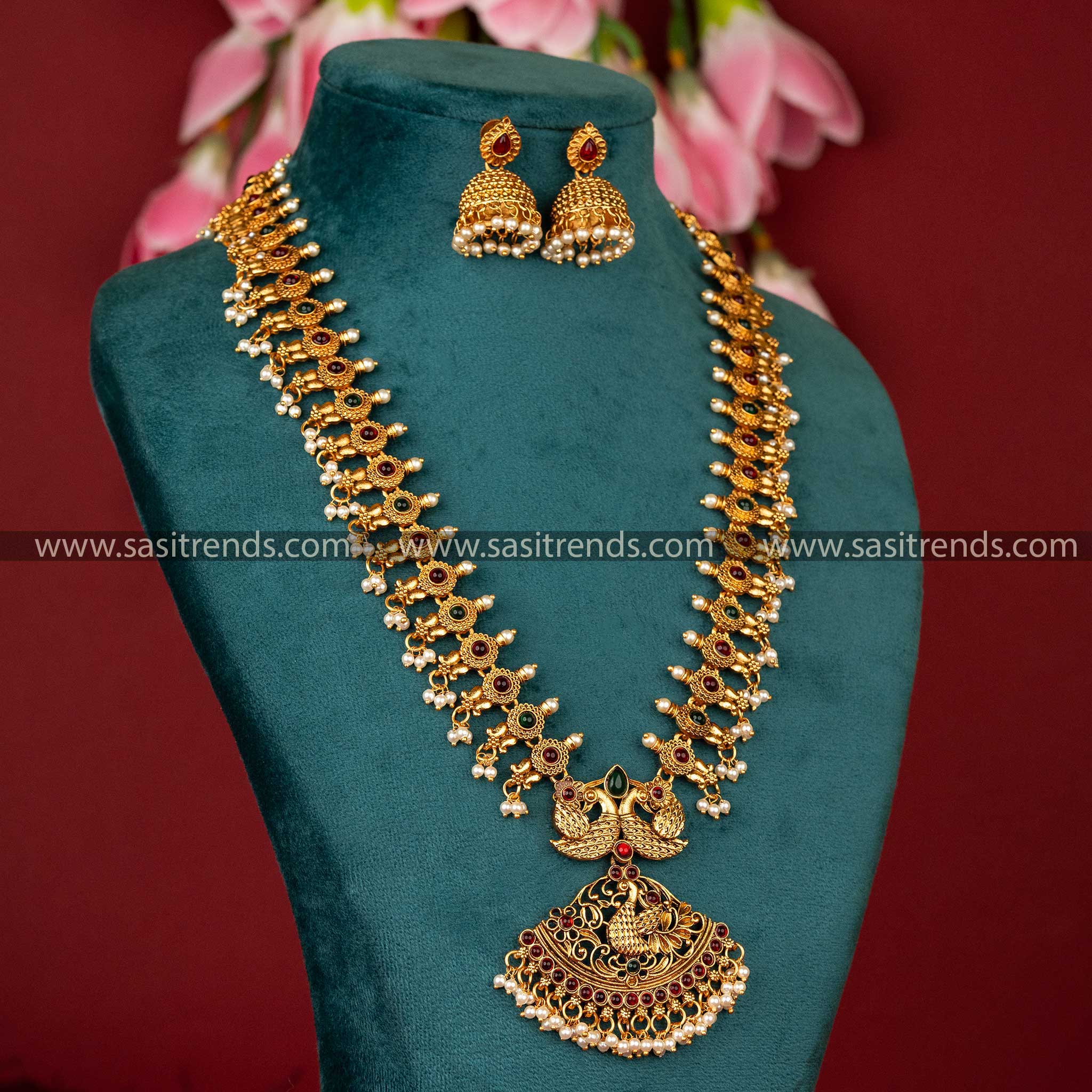 stunning-matte-gold-plated-temple-peacock-wedding-long-haram-jewellery-set-ruby-green