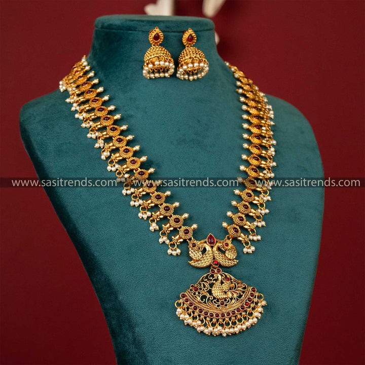 Classic Matte Gold-Plated Temple Peacock Long Haram Jewellery Set - Sasitrends