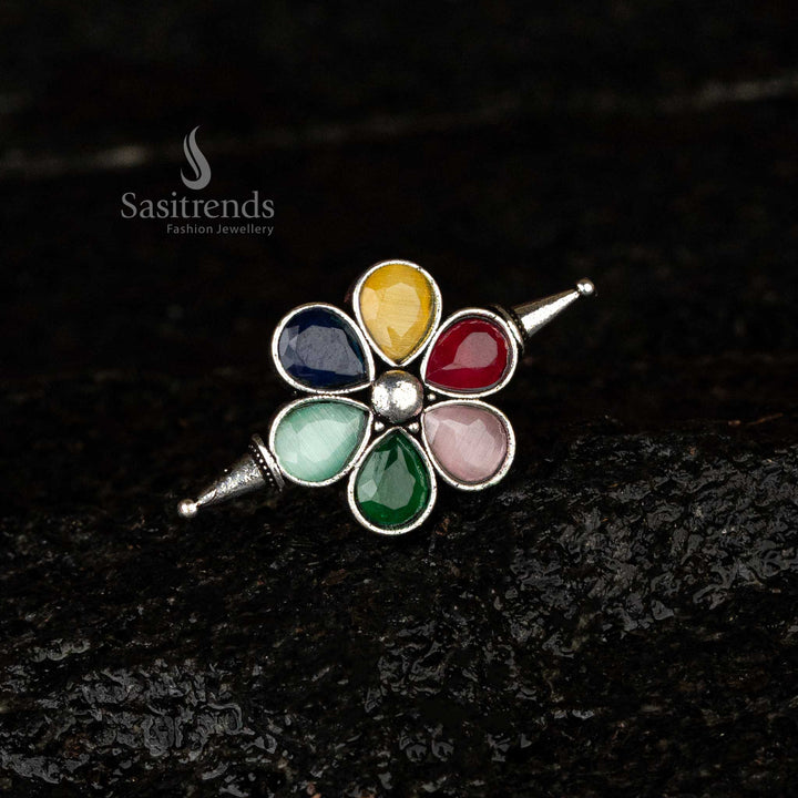 Oxidised floral adjustable ring with multi coloured navaratna stones and ghungroo design - Sasitrends