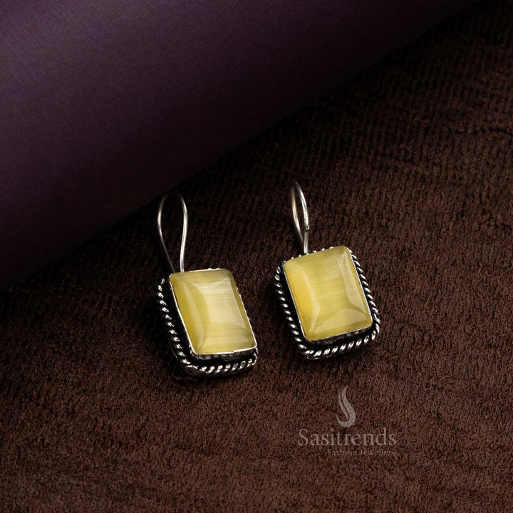 Exquisite Rectangular Monalisa Stones Fish Hook Earrings in Oxidised Silver - Latest Collection for Women