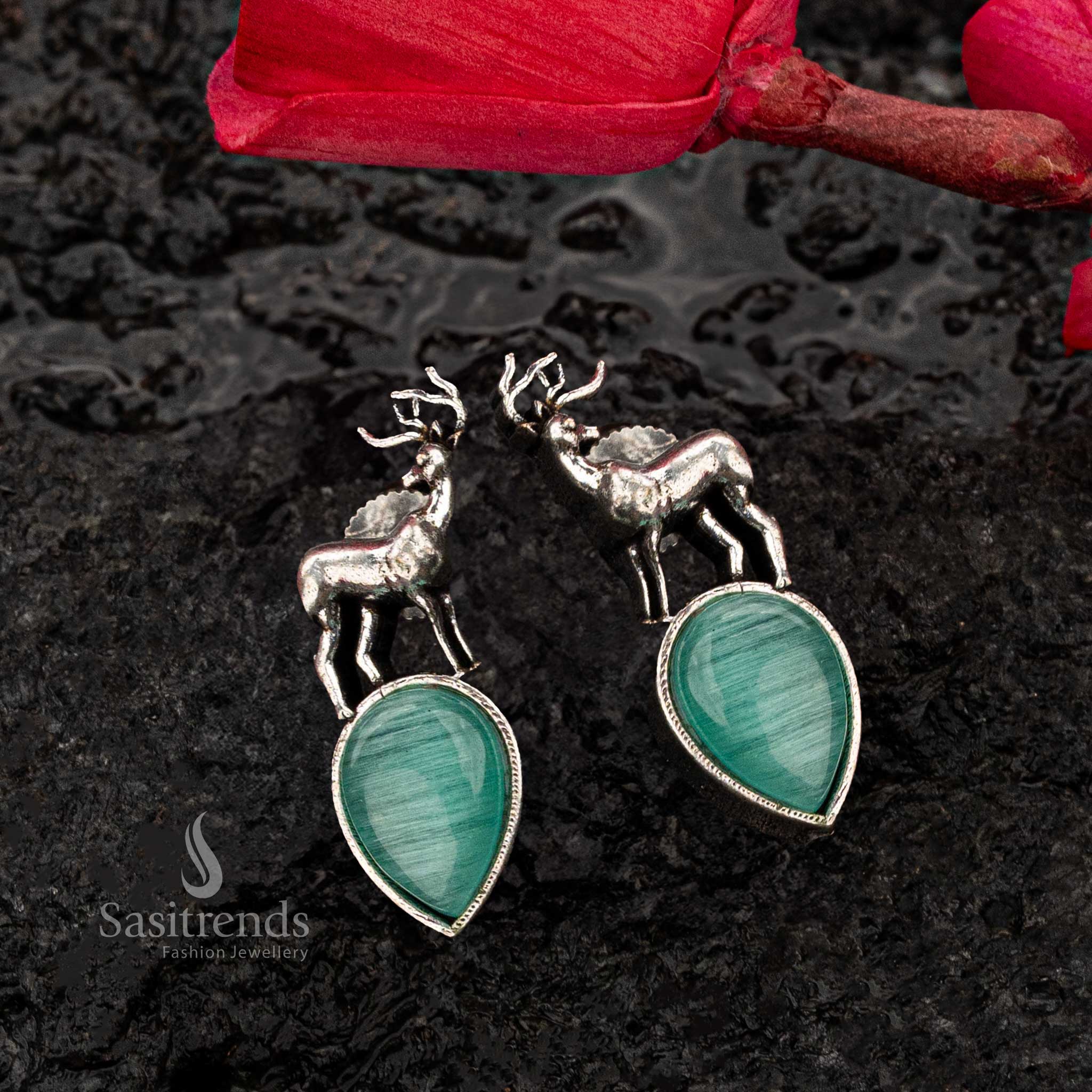 Mint Monalisa stone oxidised silver earrings with deer - Sasitrends