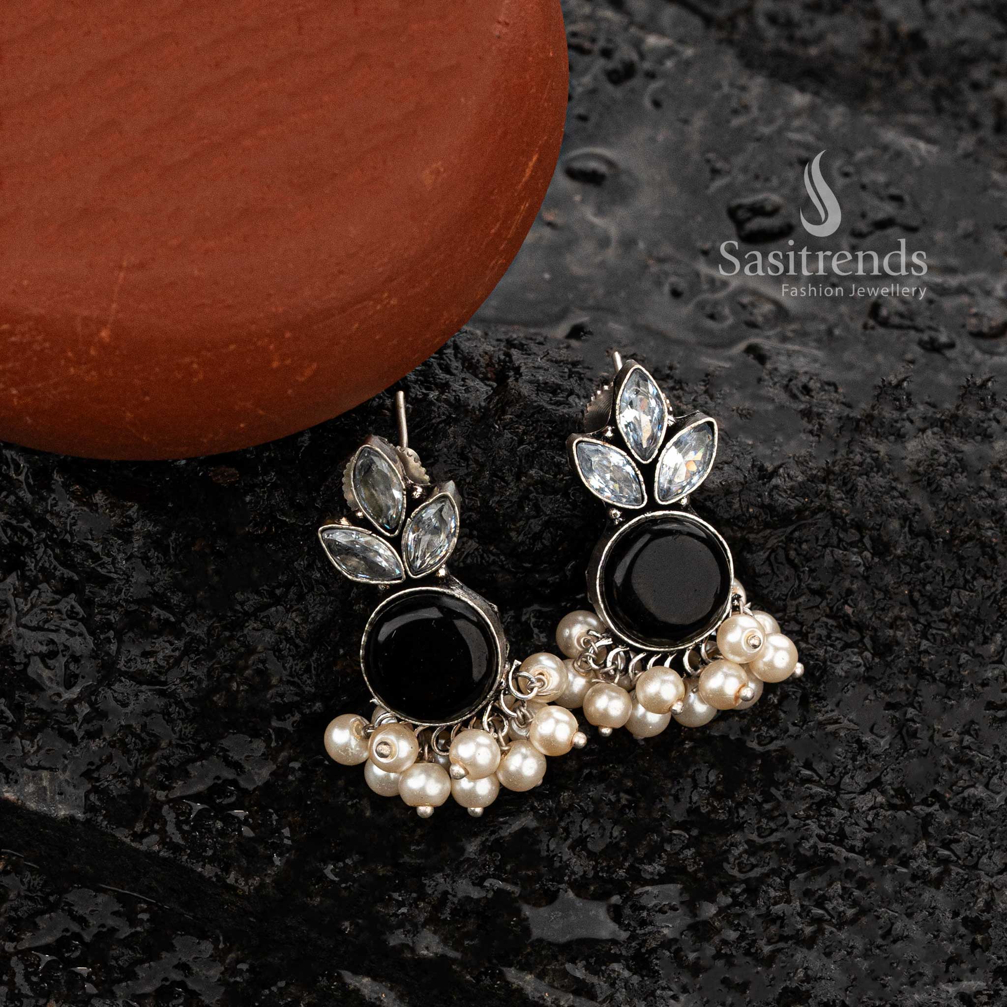 Black oxidised silver earrings with gemstone and pearl detailing - Sasitrends