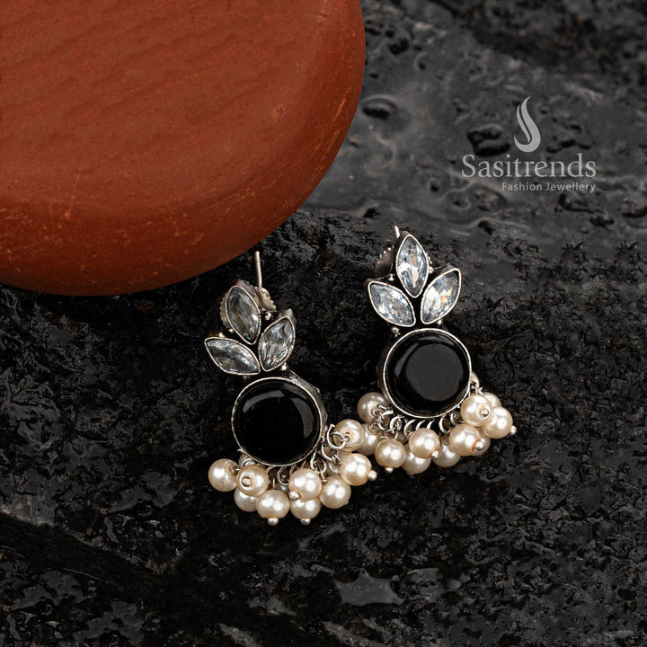 Dazzling Oxidised Silver Pearl Cluster Earrings with Leaf and Round Gemstone Motifs - Sasitrends