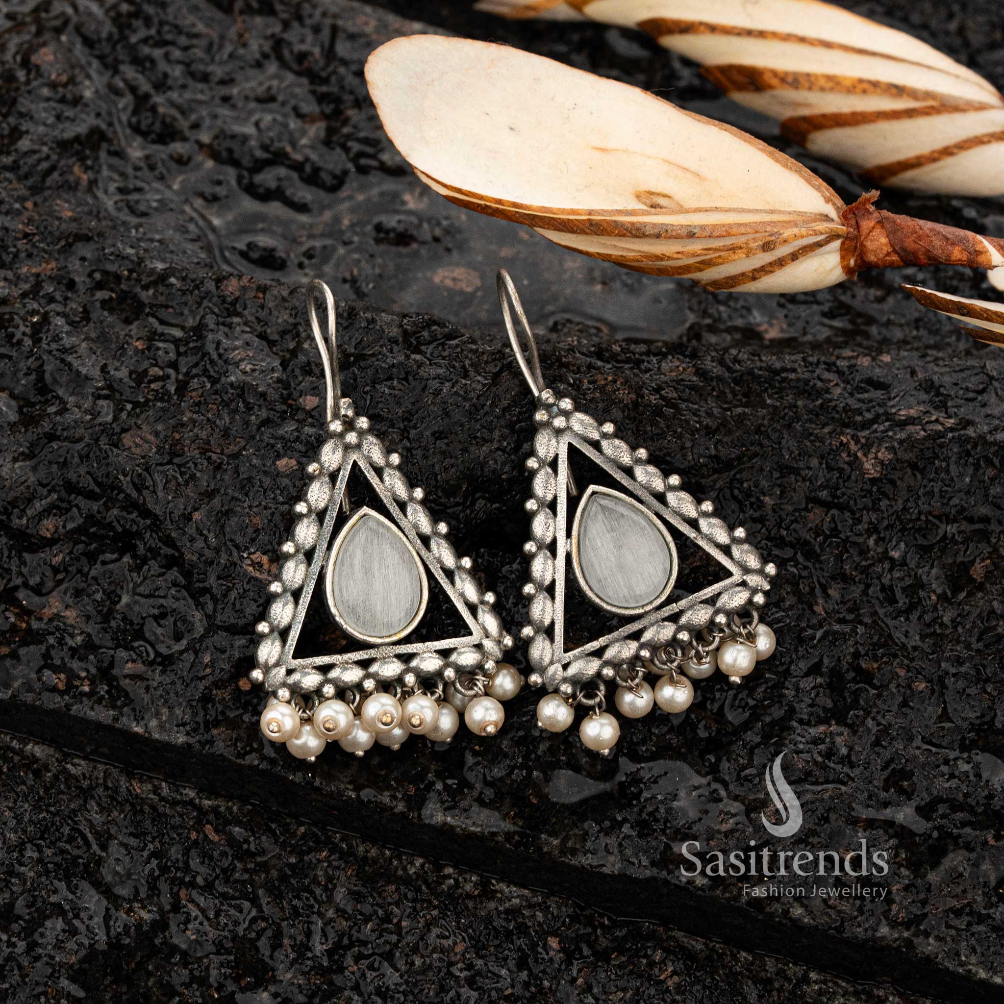 White stone oxidised triangle earrings with pearl fringe - Sasitrends