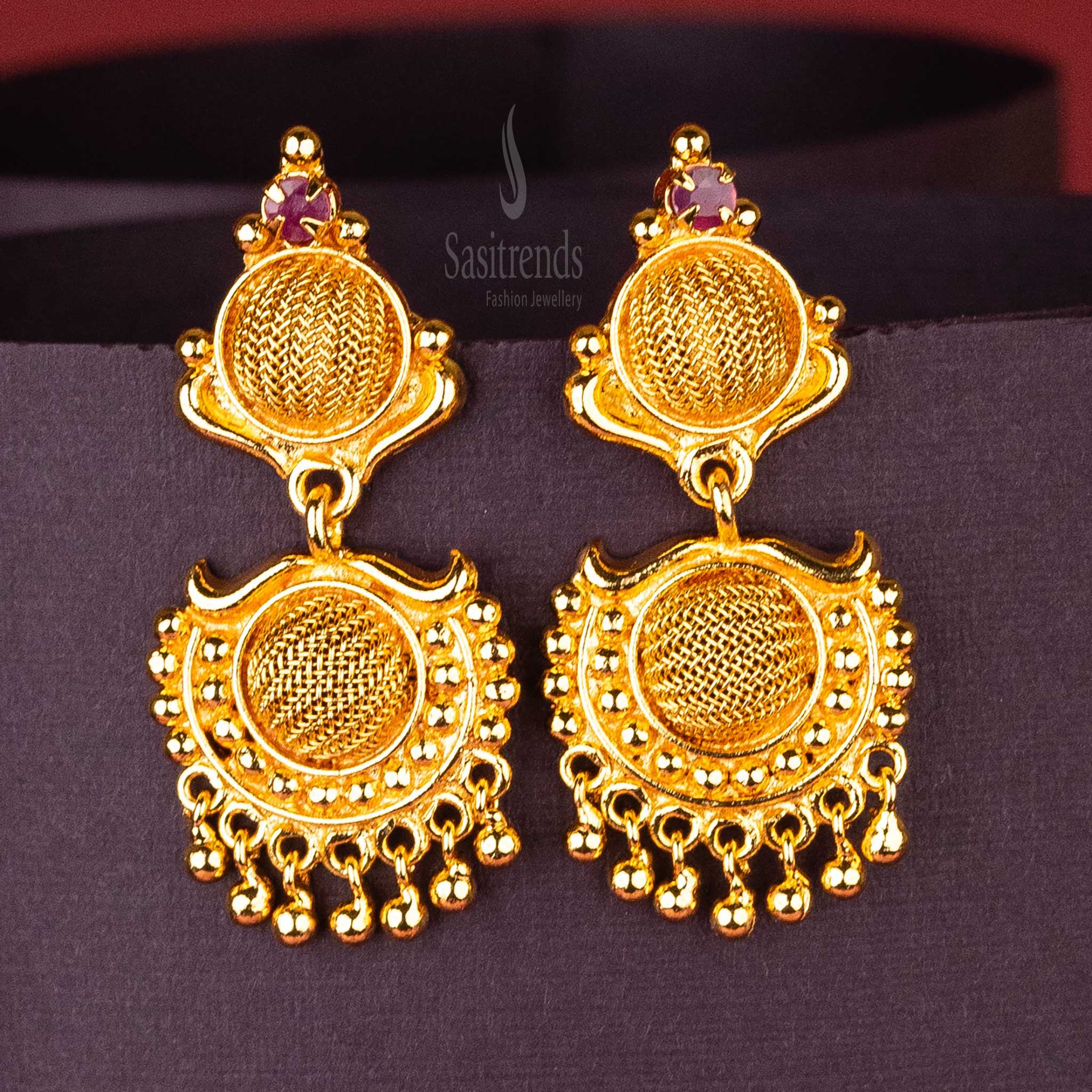 Stunning Ruby AD Stone One Gram Gold Plated Drop Earrings with Mesh Design and Accent Top Stone