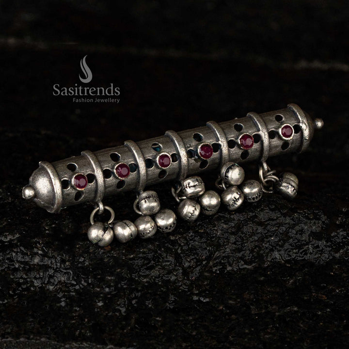 Ruby stone oxidised ring with dangling ghungroos - Sasitrends 