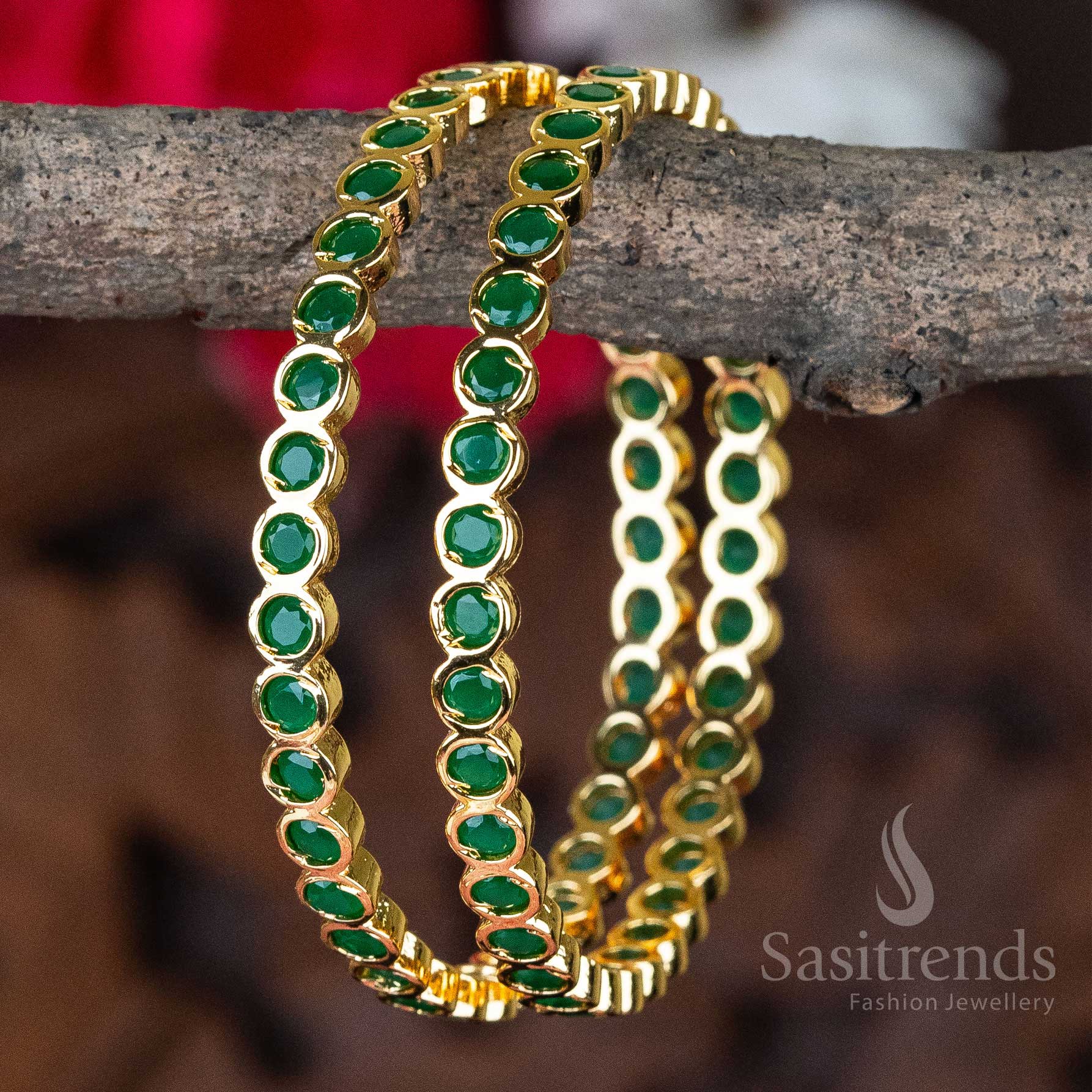 Elegant New Traditional Micro Gold Plated Addigai Bangles with AD Stone, featuring vibrant Green Stones, symbolizing prosperity and grace, ideal for festive and wedding wear - Sasitrends