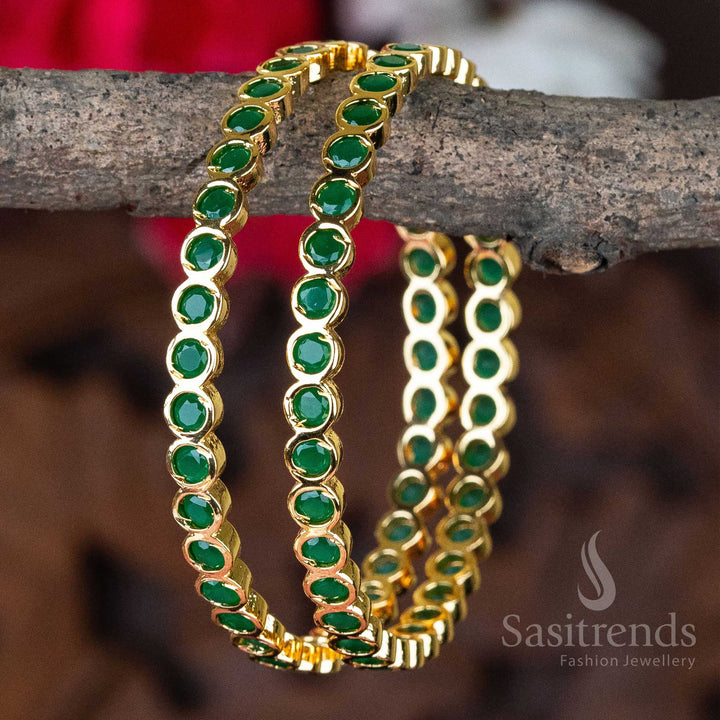 Elegant New Traditional Micro Gold Plated Addigai Bangles with AD Stone, featuring vibrant Green Stones, symbolizing prosperity and grace, ideal for festive and wedding wear - Sasitrends