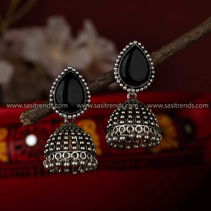 Sophisticated Black Teardrop Stone Oxidised Jhumka Earrings