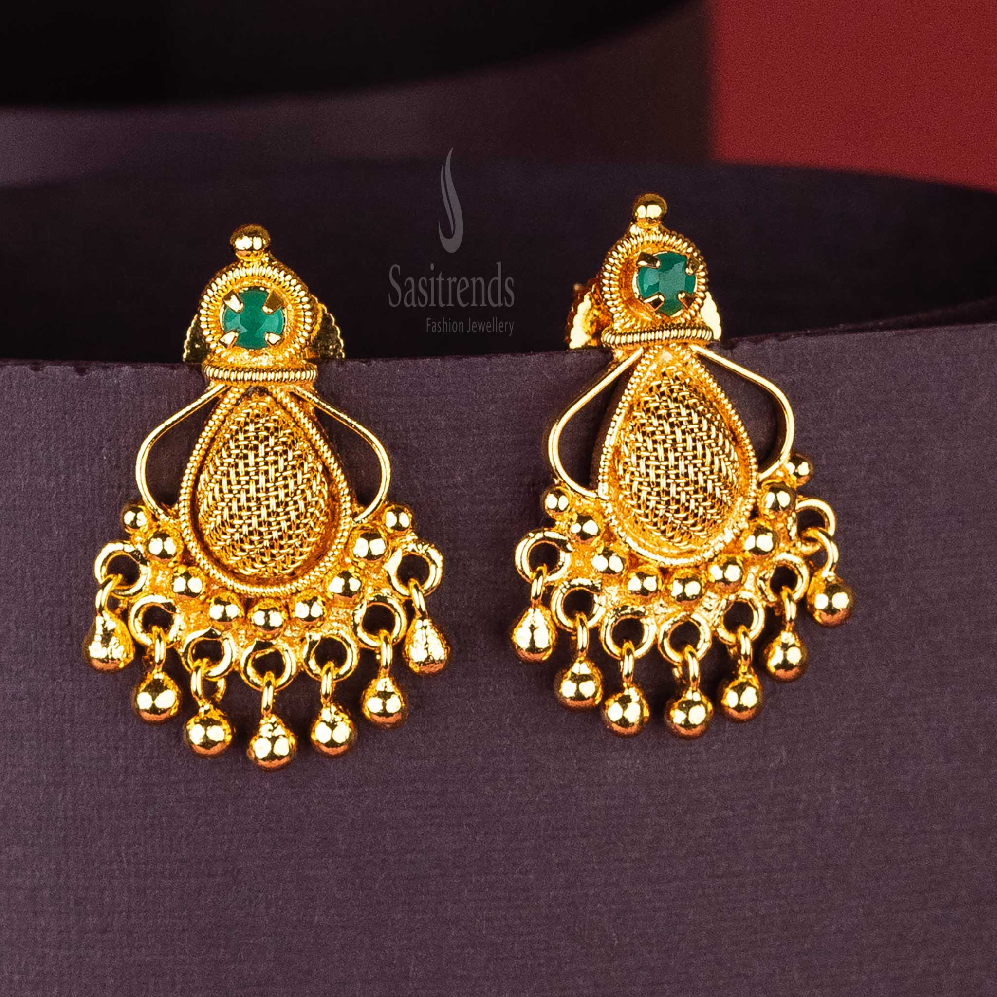 Stylish Green Teardrop Mesh Gold Plated Earrings with AD Stone and Swinging Golden Balls – Authentic Gold-like Look