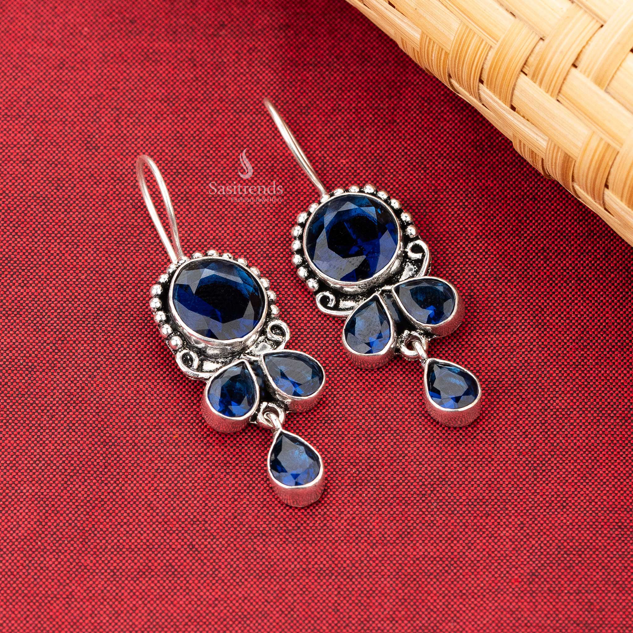 Oxidised Silver Drop Earrings with Navy Blue Stones Sasitrends 