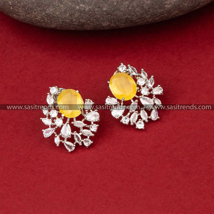 Stylish Yellow American Diamond Rhodium Silver Earrings Wedding Celebrations Sasitrends