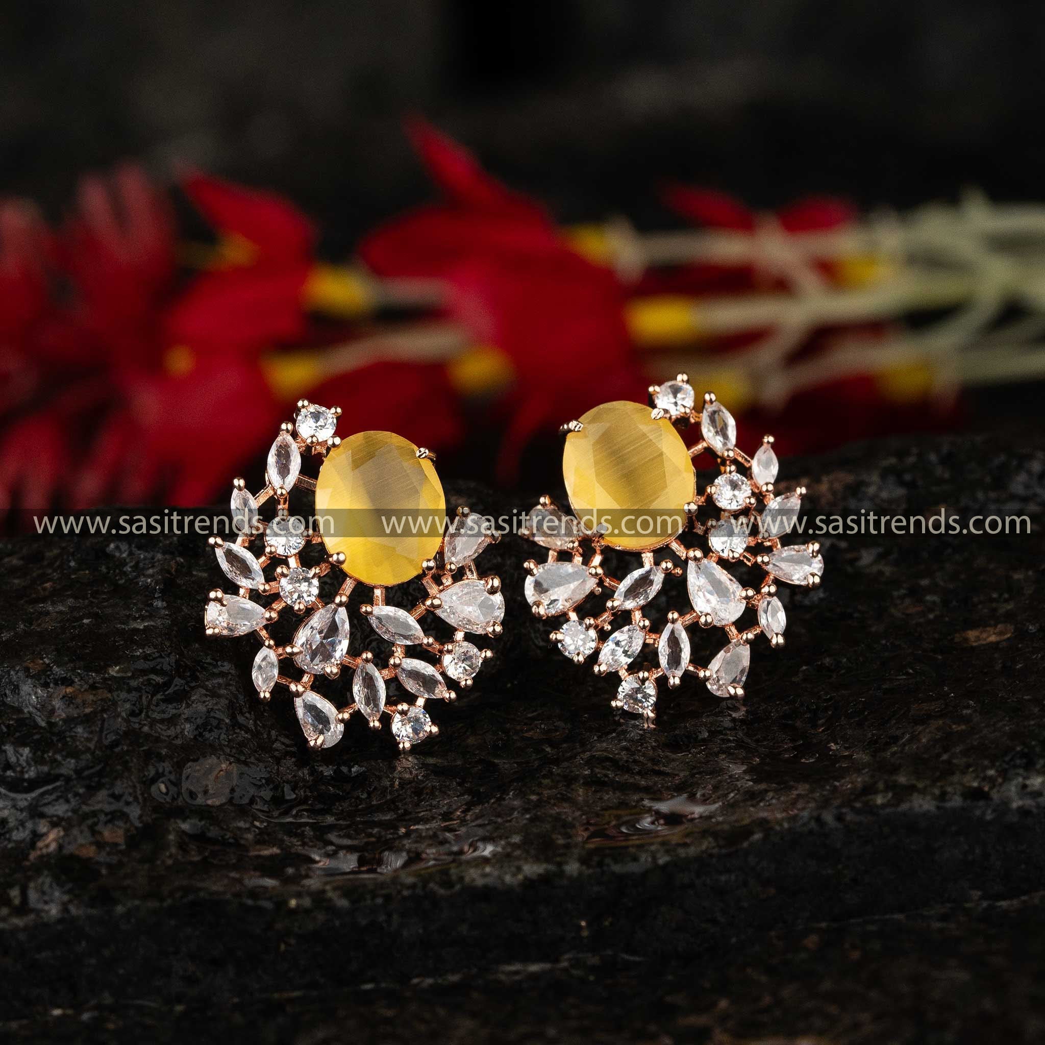 Stylish Yellow Stone Stud Rose Gold Plated Earrings Wedding Celebrations Sasitrends 