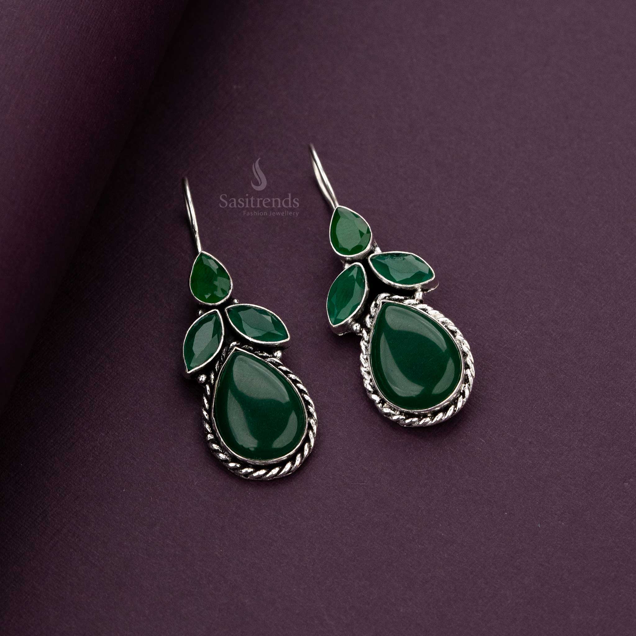 Oxidised Silver Drop Earrings with Green Stones