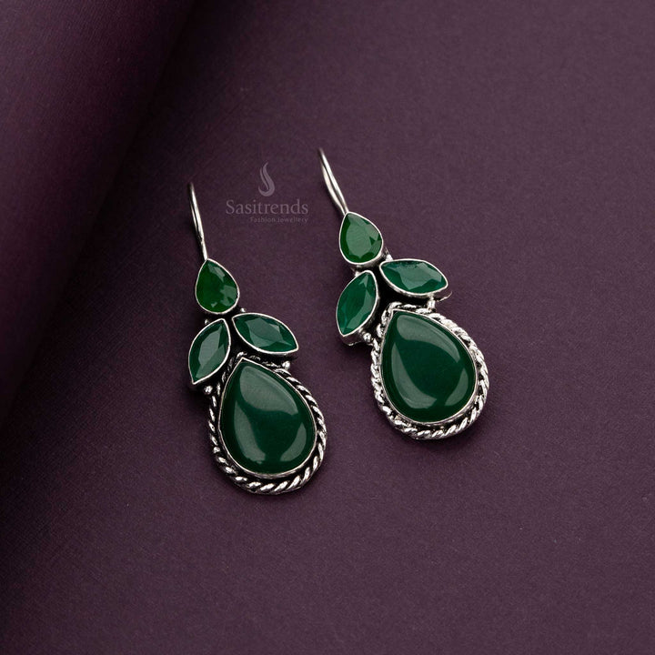 Oxidised Silver Drop Earrings with Green Stones