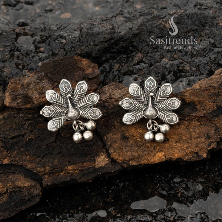 Elegant Silver Replica Oxidised Peacock Drop Earrings - Sasitrends