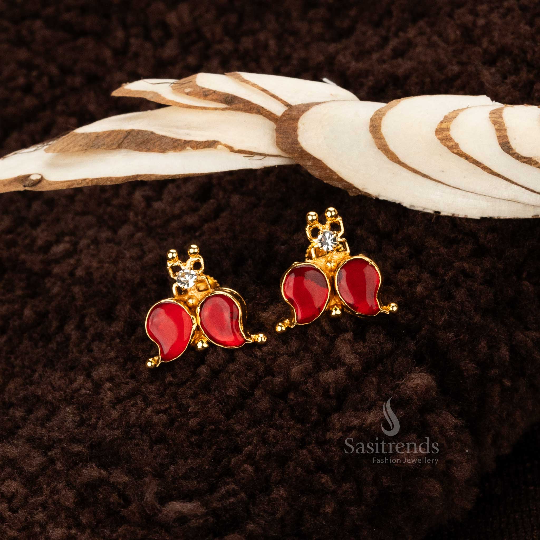 Vibrant Red Palakka Mango Earrings – 24K Gold-Plated with Screw Closure - Sasitrends