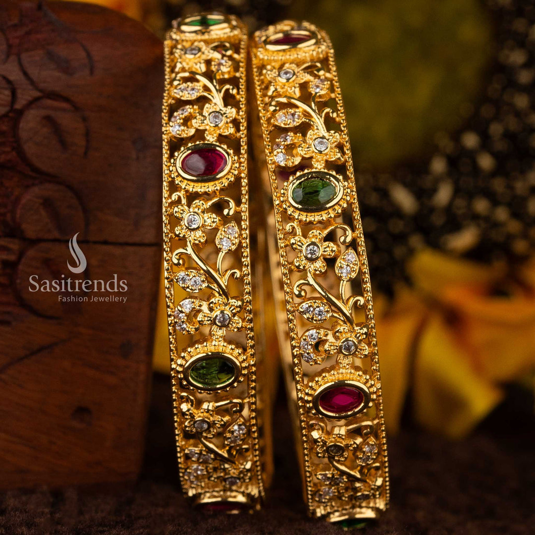 Premium American Diamond temple bangles with ruby and emerald stones, ideal for traditional sarees - Sasitrends