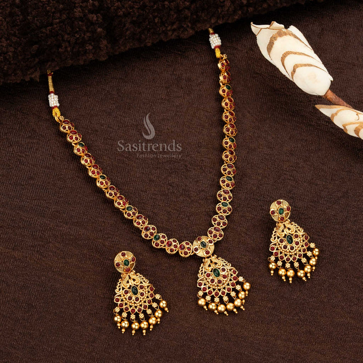 Ruby green Matte gold necklace with intricate circular motifs and elegant earrings - Sasitrends