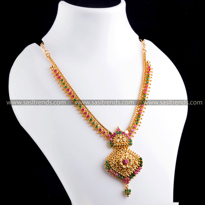 Traditional Ruby Green Flower Pendant Necklace Set