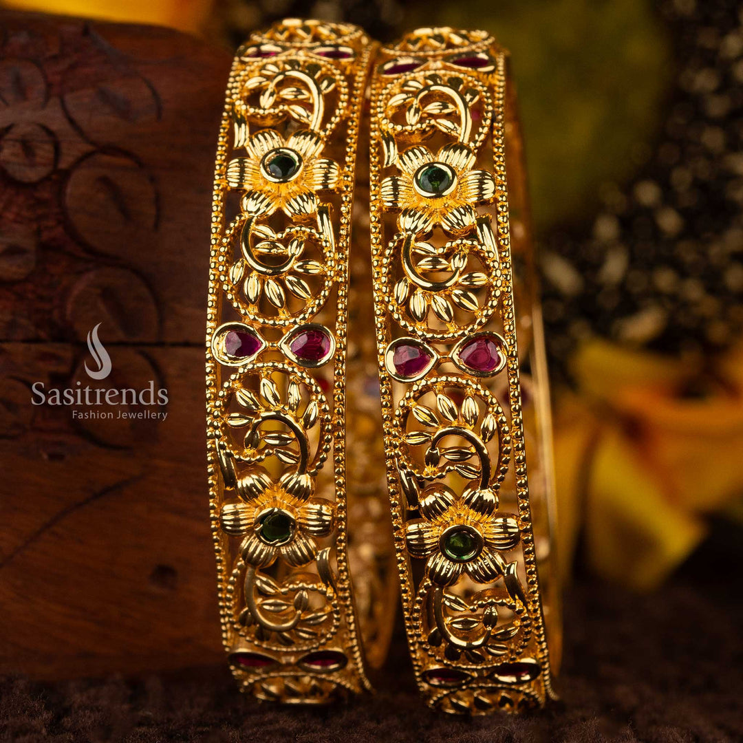 Floral American Diamond temple bangles with ruby and green stones for traditional wear - Sasitrends