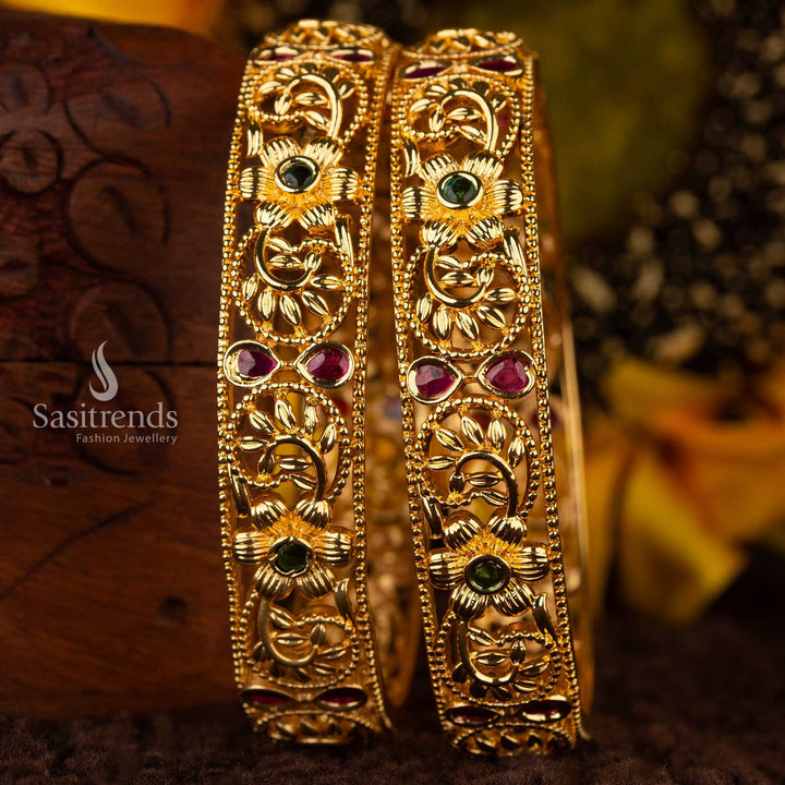 Guaranteed Floral American Diamond Micro Gold Plated Temple Bangles with Ruby and Green Stones - Sasitrends