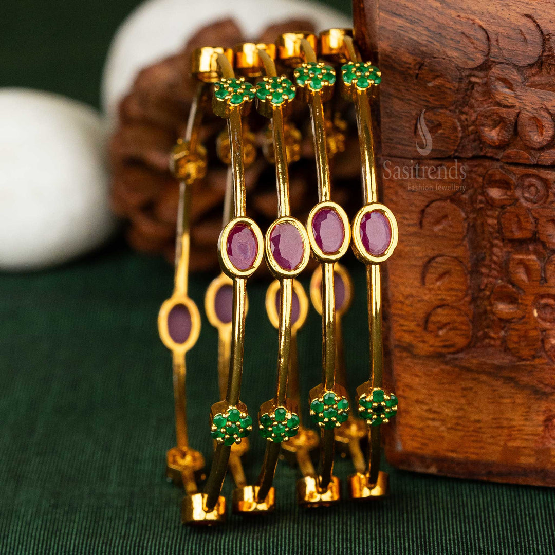 Traditional Brass Bangles with Oval Motifs Ruby-Green