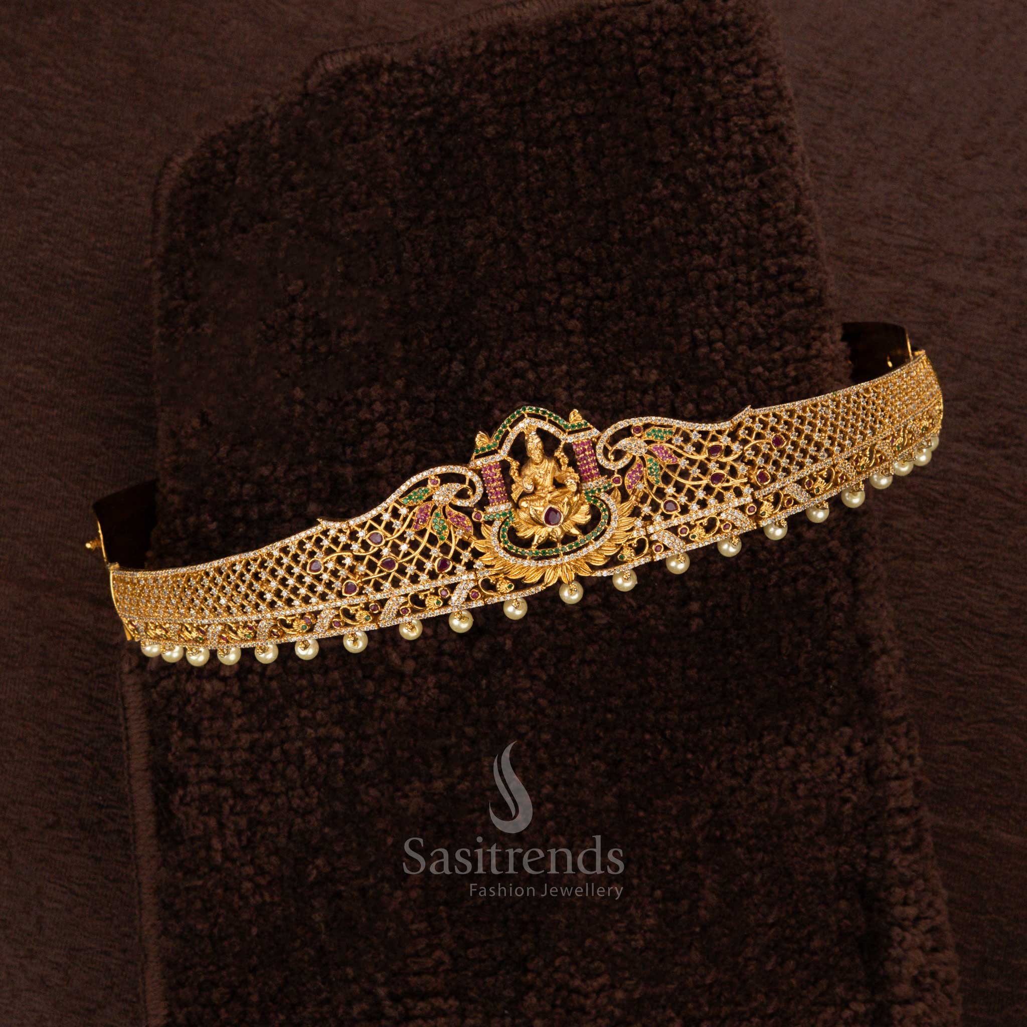 Premium Temple Matte Gold Plated Hip Belt with Lakshmi Design and AD Stones – Sasitrends