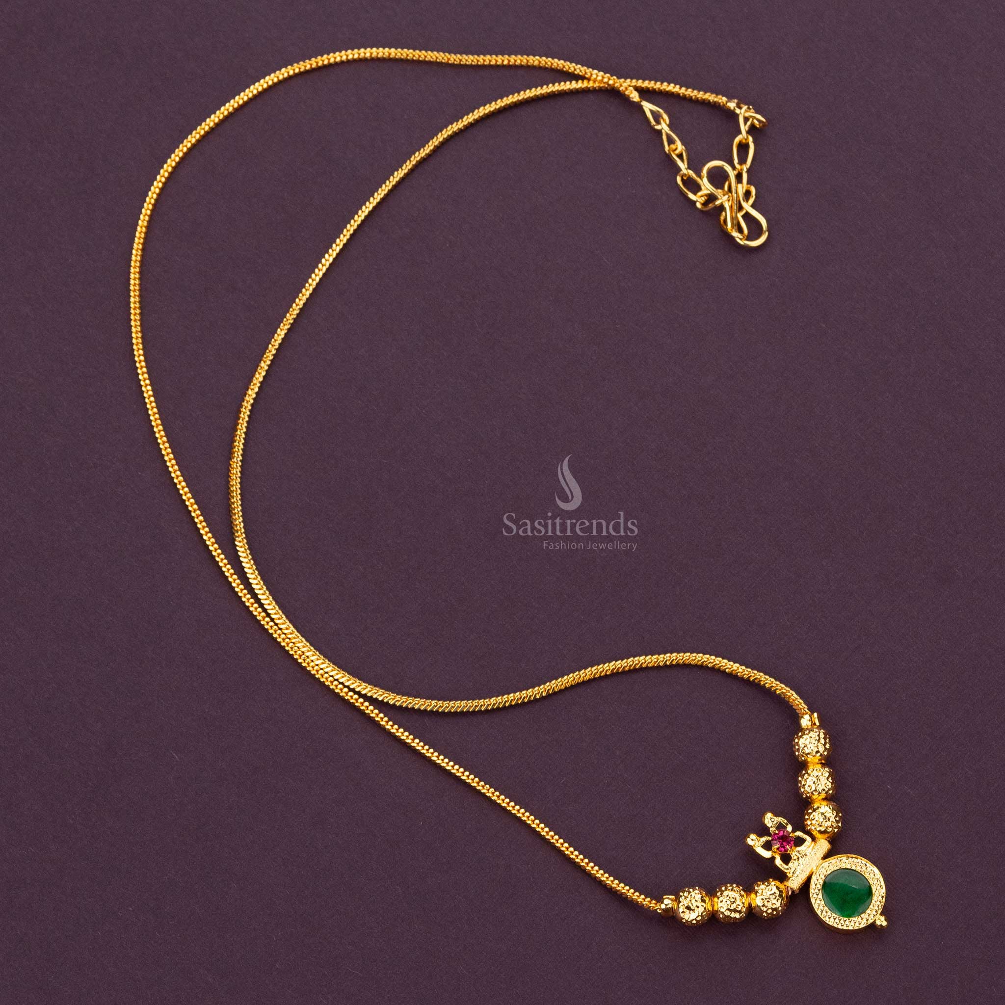 Green Palakka Necklace with Round Pendant and Golden Balls - Kerala Festival Wear