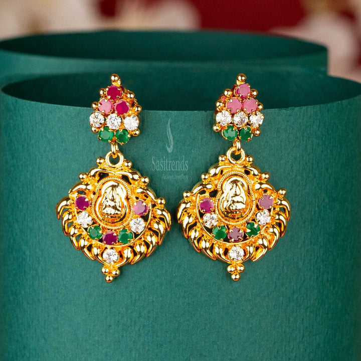 Multi-Colored Lakshmi Motif Earrings with AD Stones, Micro Gold Plated, South Indian Jewellery