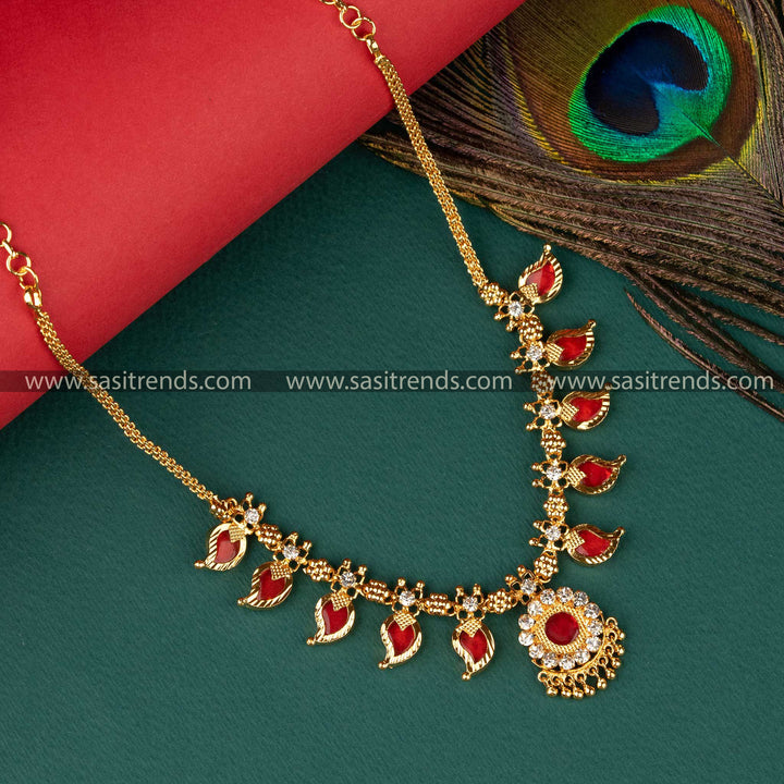 5 Petal Traditional Red Palakka Mango Design Necklace with White Stones by Sasitrends