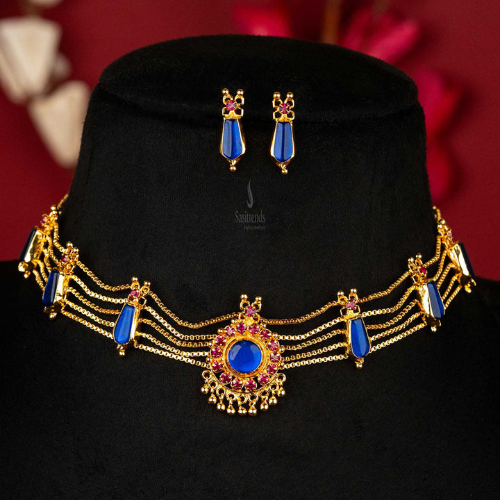 Traditional Blue Nagapadam Choker Necklace from Kerala with Pink Stones and Matching Earrings - Guaranteed One Gram Gold Plated