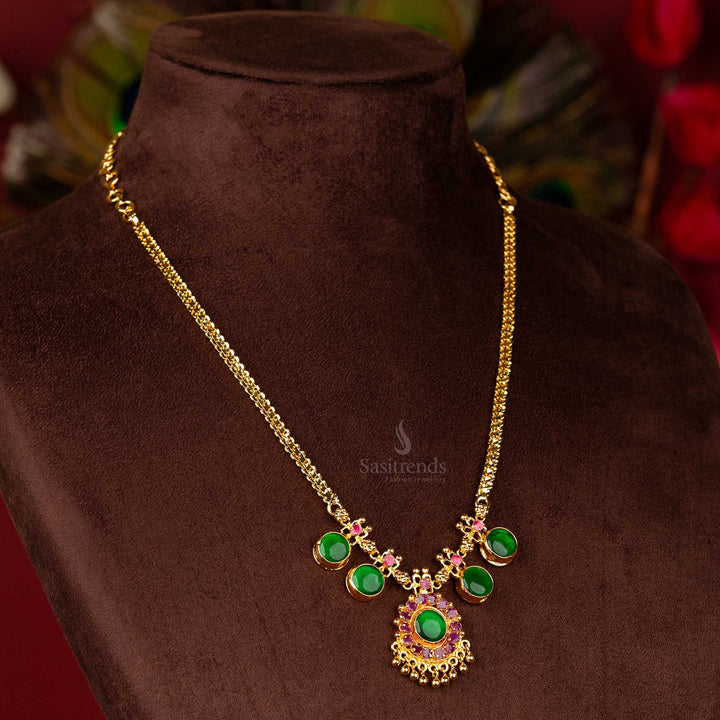 Traditional Kerala Palakka Necklace with Round Motif, Pink Stones, and Flexible Chain - One Gram Micro Gold Plated - Step 2