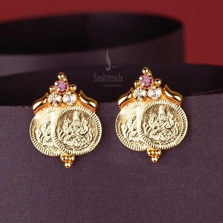 Guaranteed Micro Gold Plated Double Lakshimi Coin White Ruby AD Stone Earrings Sasitrends