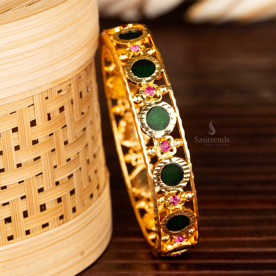 Green Studded Palakka Kerala Bangle With Pink Stones And Gold Plating - Sasitrends