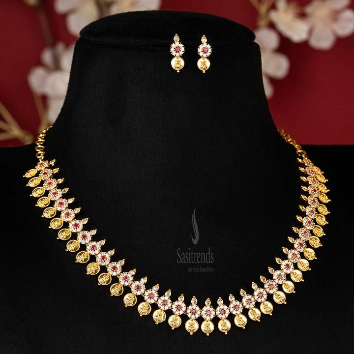 Guaranteed Micro Gold Plated White-Ruby Lakshmi Coin Jewellery Set with AD stones and matching earrings