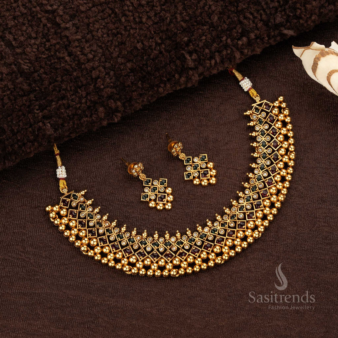 Temple necklace set with geometric motifs in Multi variant and matching earrings - Sasitrends