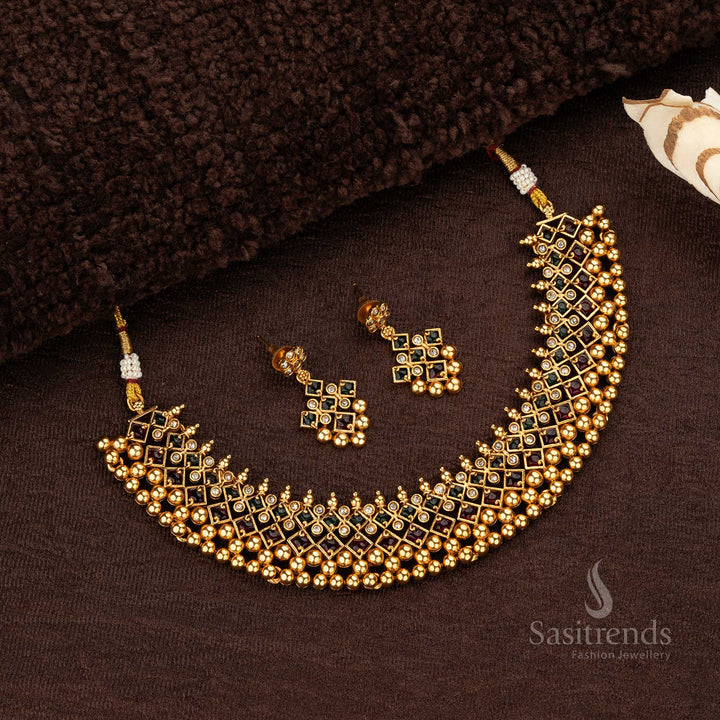 Wedding Wear Classic Temple Matte Gold Plated Necklace Jewellery Set with Geometric Motif and Matching Earrings - Sasitrends