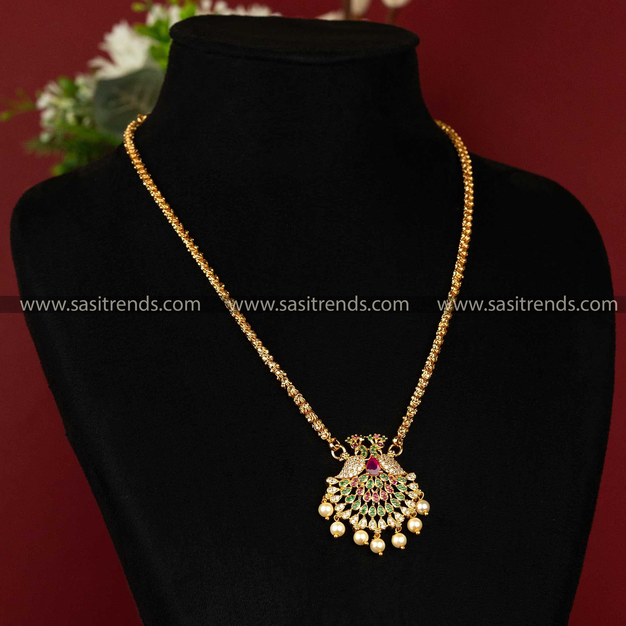 Traditional Micro Gold Plated Dasavathram Chain Necklace with Peacock Pendant