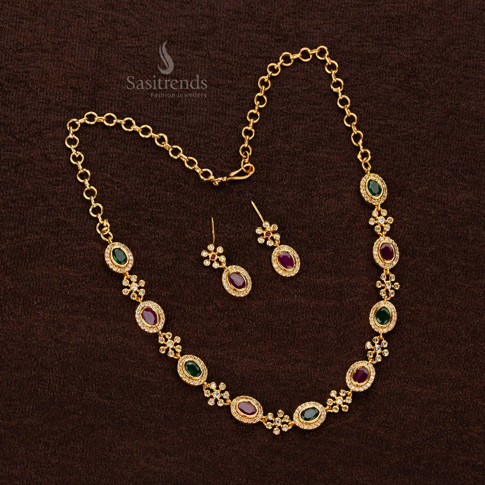 Micro gold-plated necklace set with floral motifs and matching earrings - Sasitrends