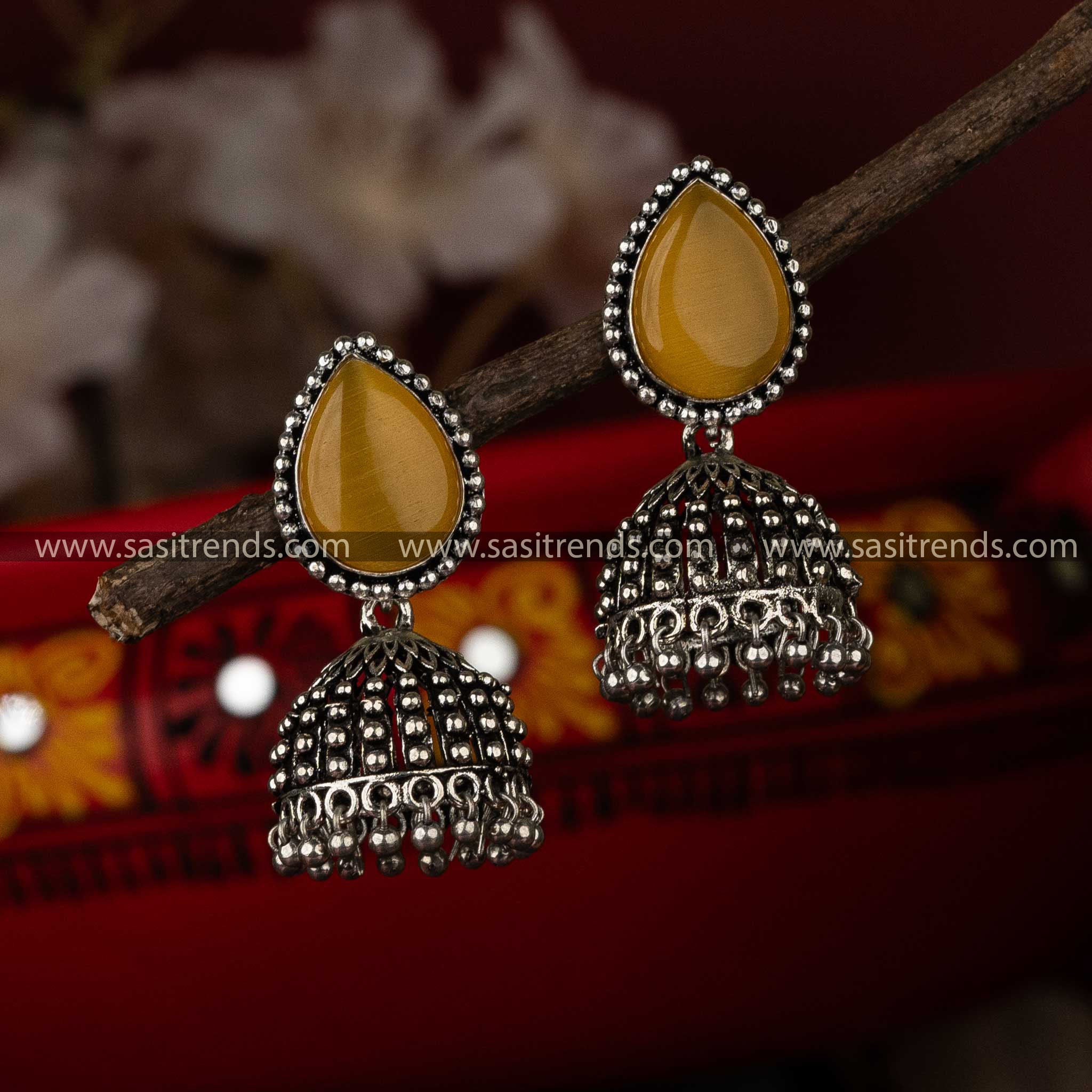 Traditional Oxidised Amber Yellow Stone Stud Jhumka For Navarathiri Special Earrings Sasitrends Online