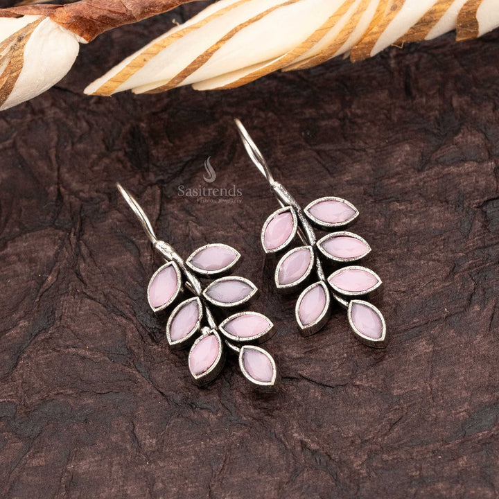 Traditional Pink Stone Stud Ethnic Oxidised Silver Leaf Pattern Fish Hook Earrings Sasitrends