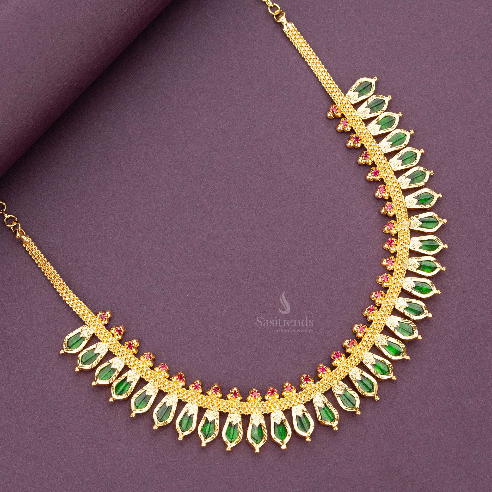 Micro gold plated Kerala nagapadam necklace with green and pink stones, 1 year guaranteed