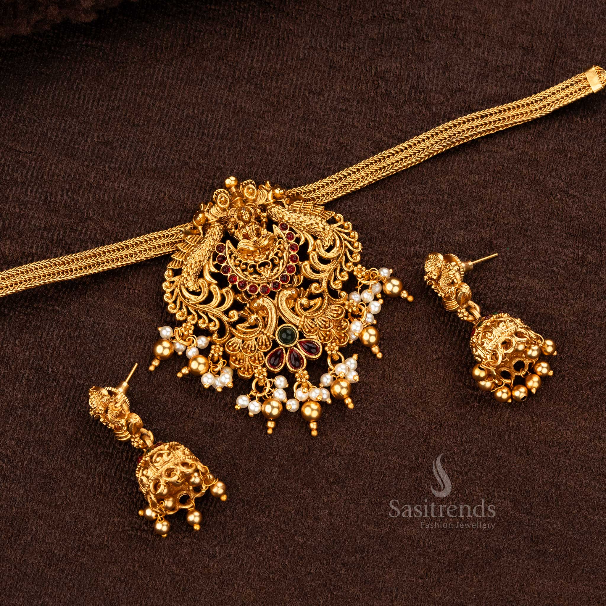 Classic Matt Gold  Divine Temple Lakshmi & Peacock Pendant Choker With Jhumka Jewellery Set