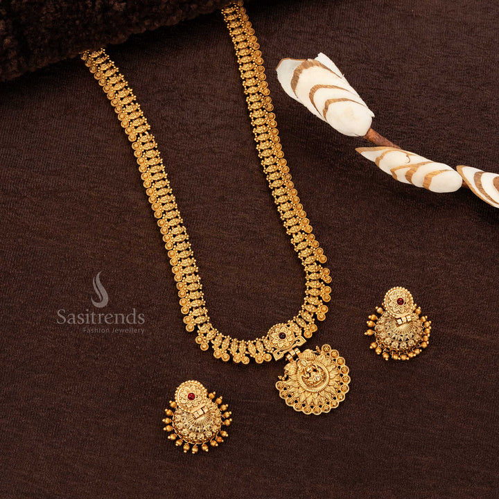 Traditional Wear Classic Temple Matte Gold Plated Long Haram Jewellery Set with Lakshmi Pendant and Jhumka Earrings - Sasitrends