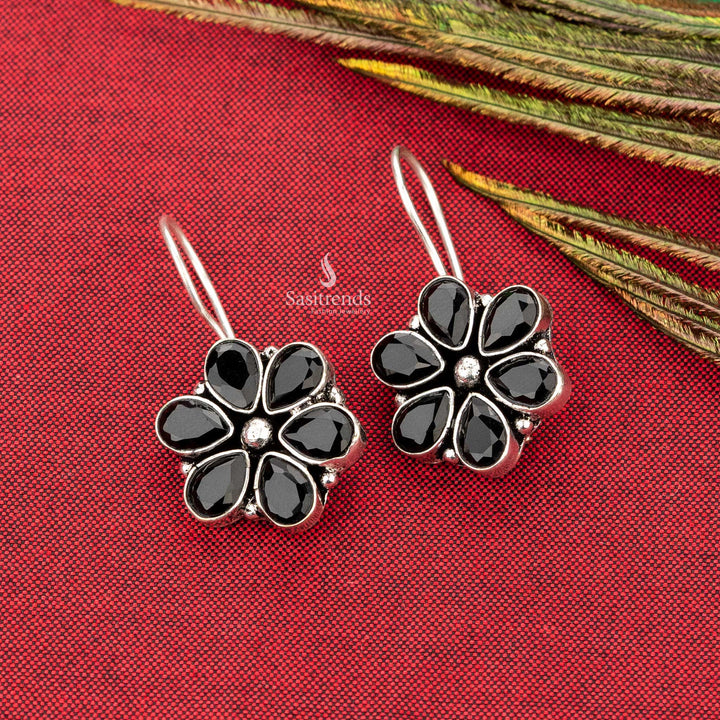 trendy black natural stone floral oxidised silver plated fish hook earrings sasitrends online