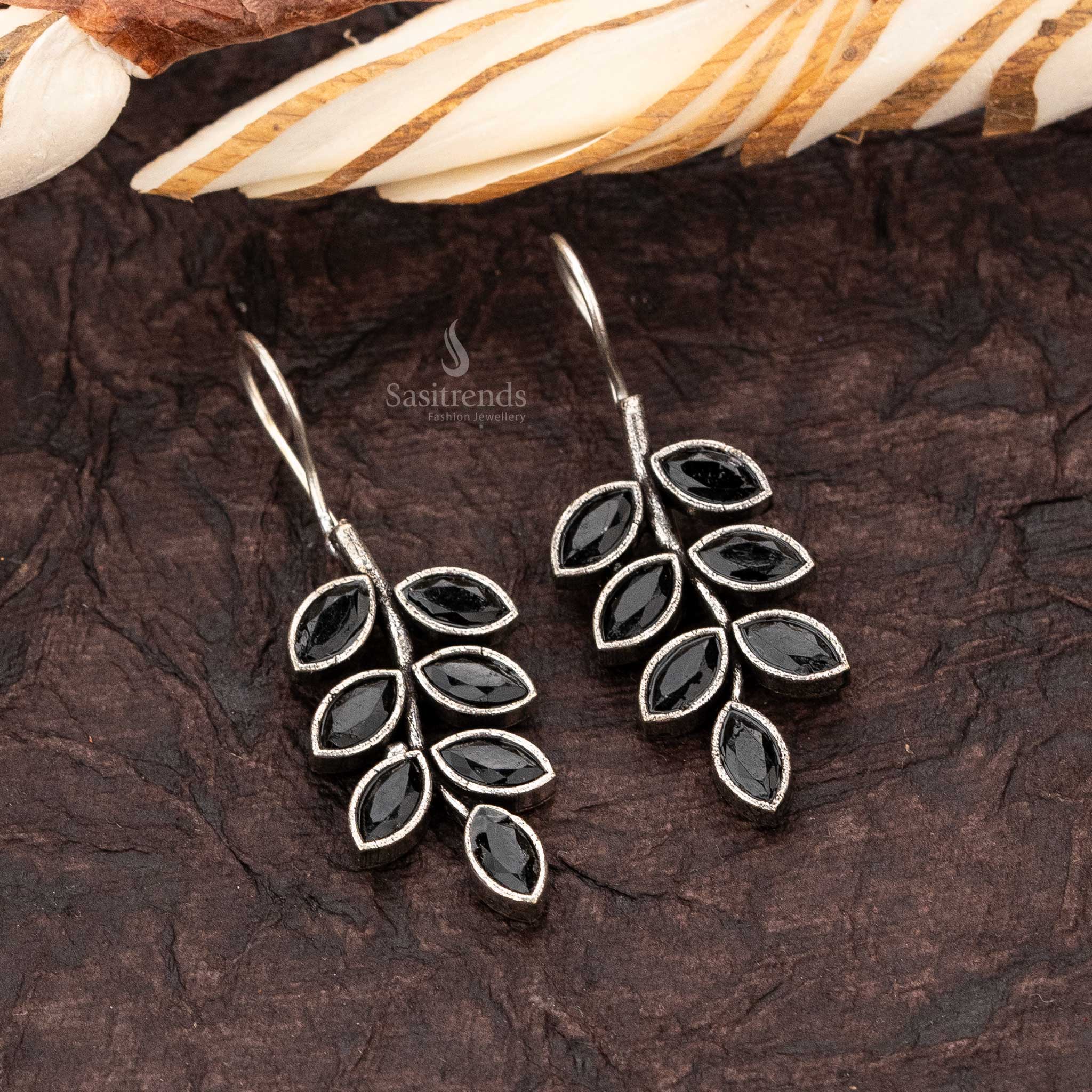 Trendy Black Stone Stud Ethnic Oxidised Silver Fish Hook Navarathiri Special Earrings Sasitrends