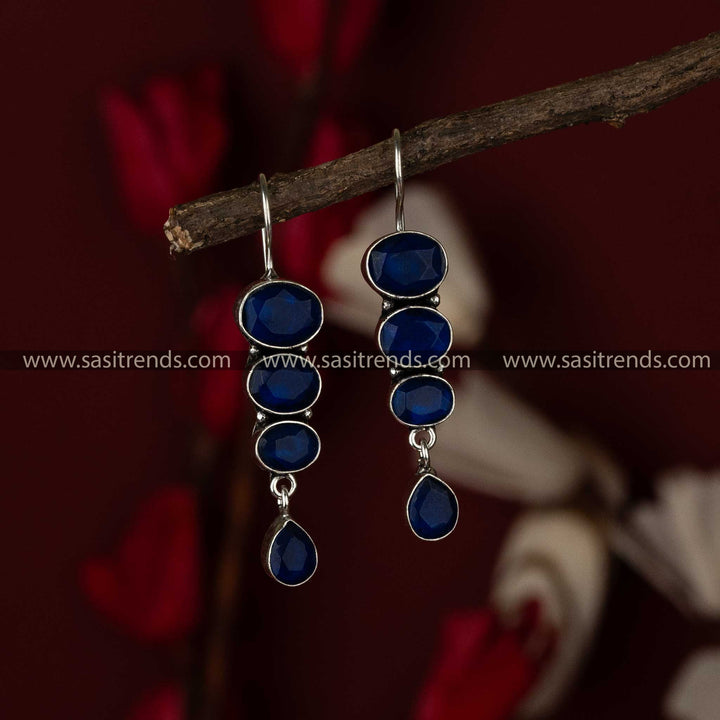 Trendy Blue Stone Stud Latest Oxidised Fish Hook navarathiri special earrings sasitrends online shopping