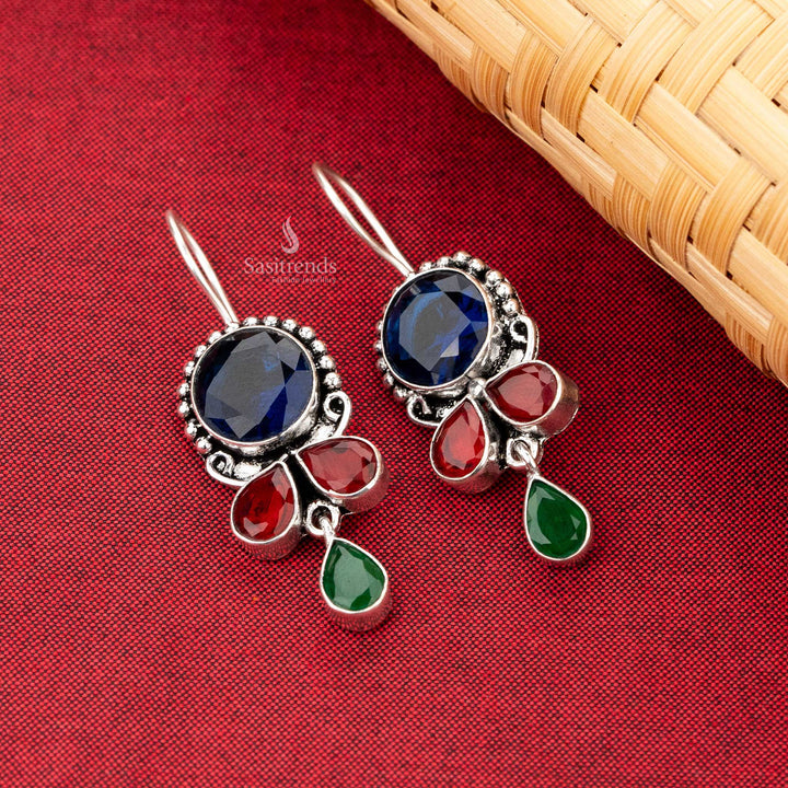 Oxidised Silver Drop Earrings with Red and Green Stones Sasitrends