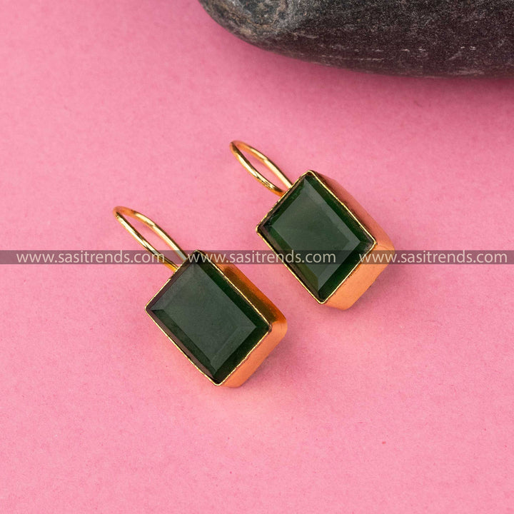 Trendy Gold Plated Green Monalisa Stone Fish Hook Earrings